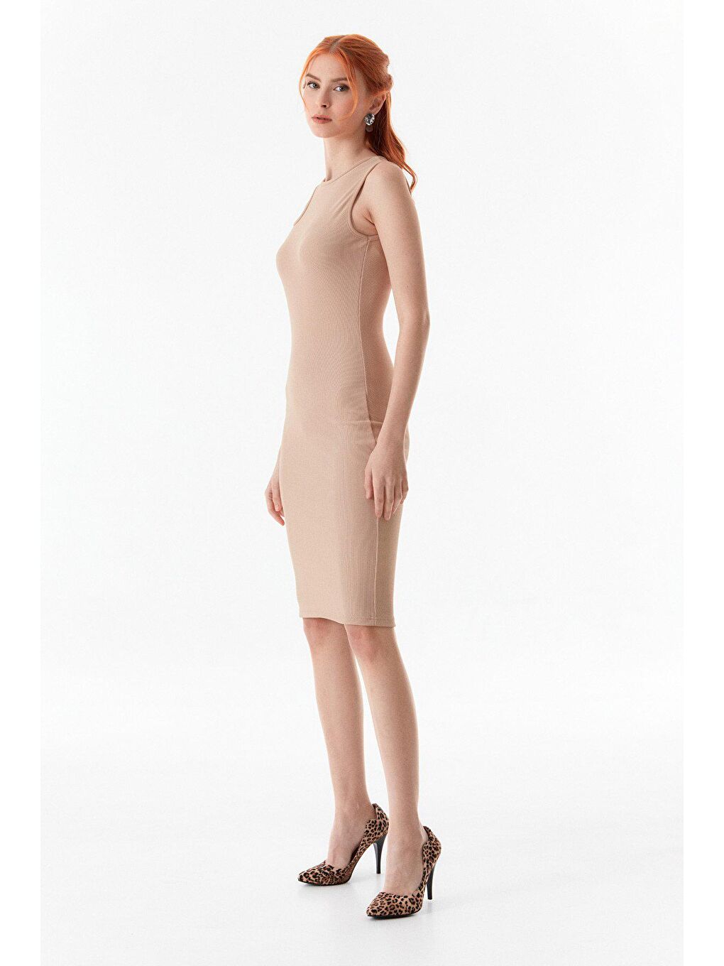 Bej Fitilli Omuz Pencereli Elbise-1