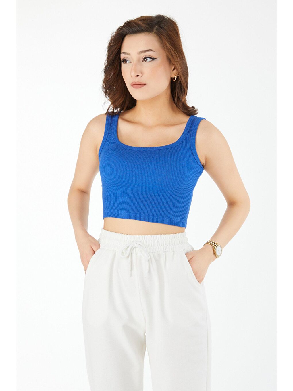 Bisiklet Yaka Kadın Mavi Kare Yaka Kısa Kollu Crop - 24439-3