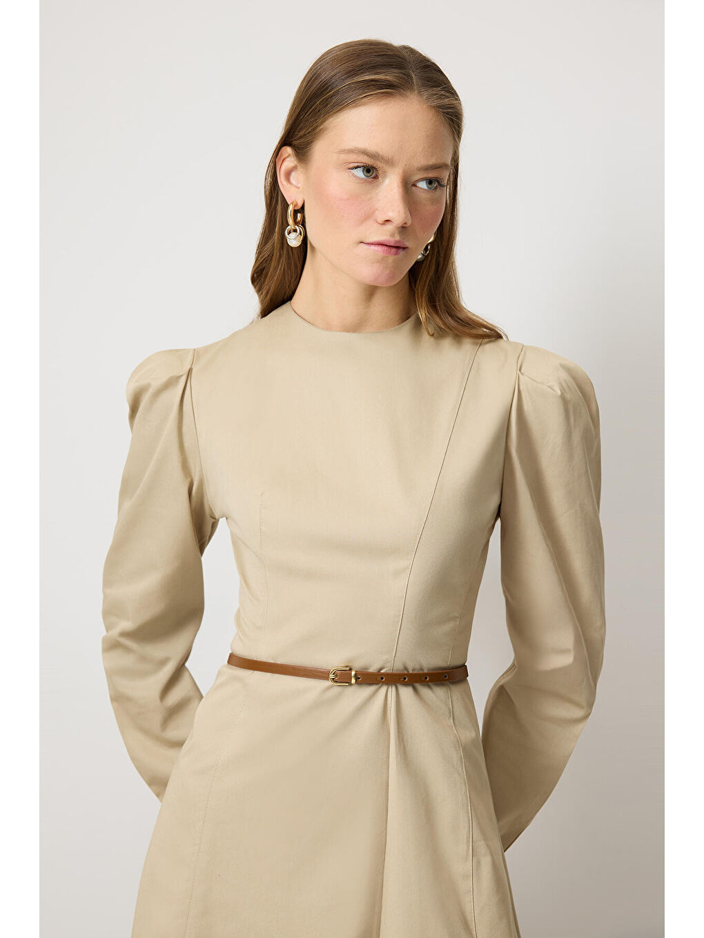 Bej Godeli Gabardin Elbise-2