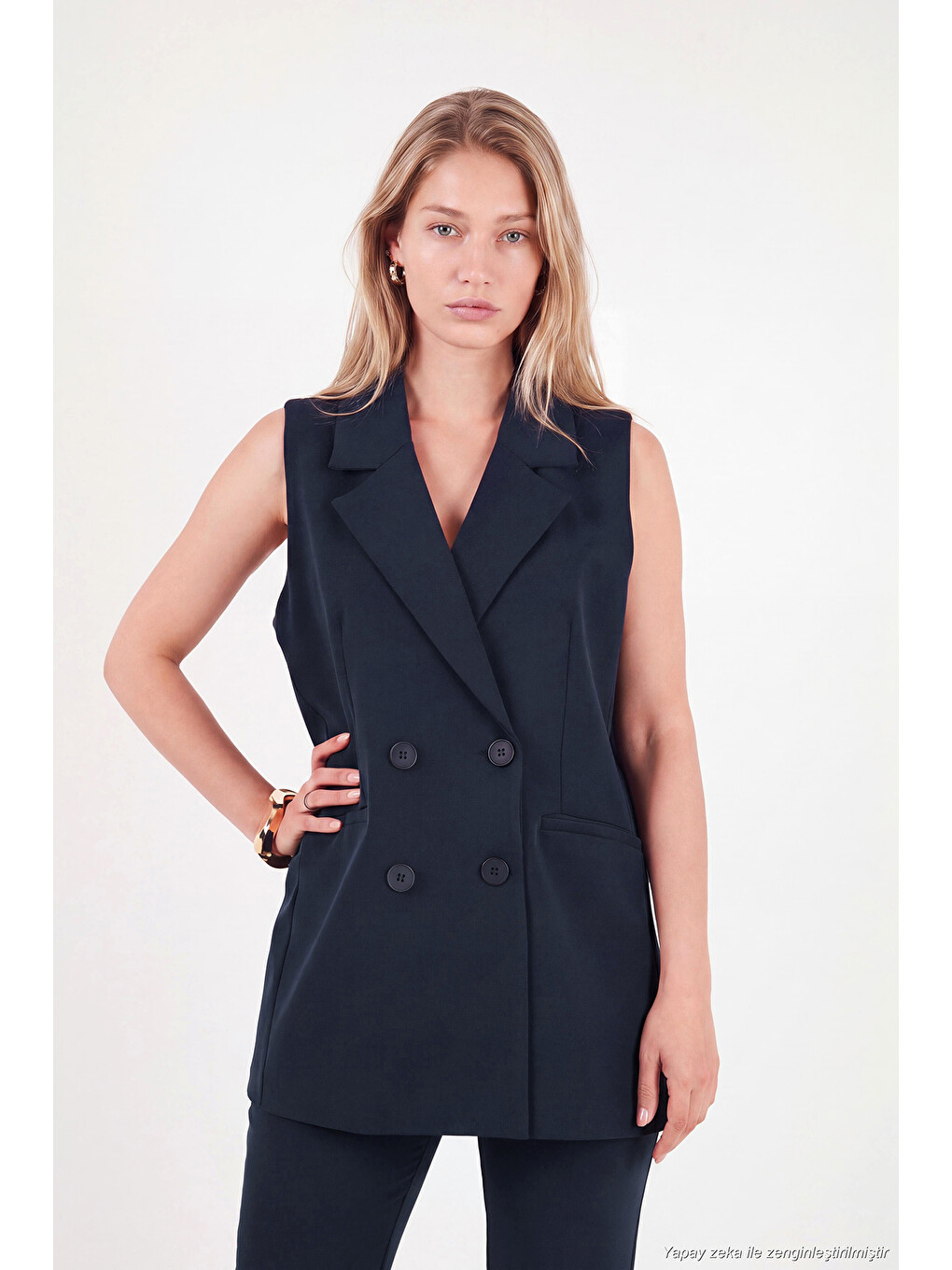 Lacivert Oversize Kruvaze Yaka Kolsuz Düğmeli Kadın Yelek 6523000-3