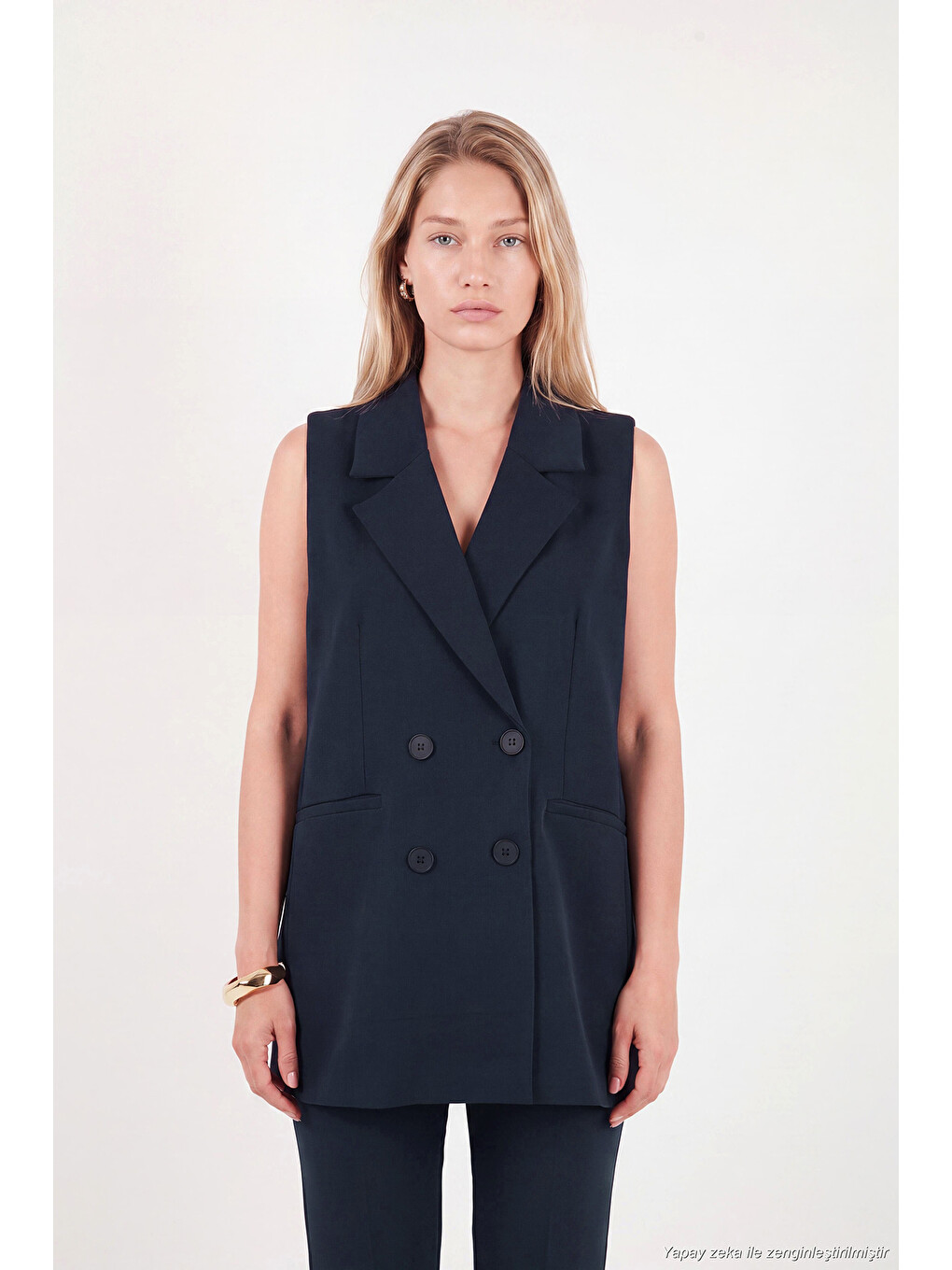 Lacivert Oversize Kruvaze Yaka Kolsuz Düğmeli Kadın Yelek 6523000-5