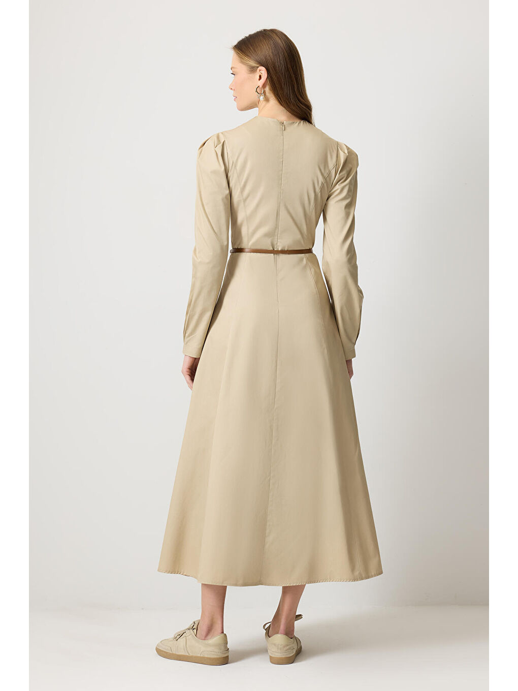 Bej Godeli Gabardin Elbise-3