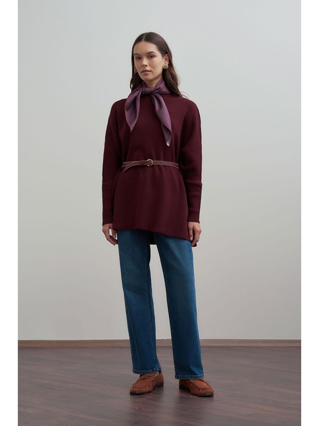 Bordo-Asimetrik Kesim Triko Kazak-1