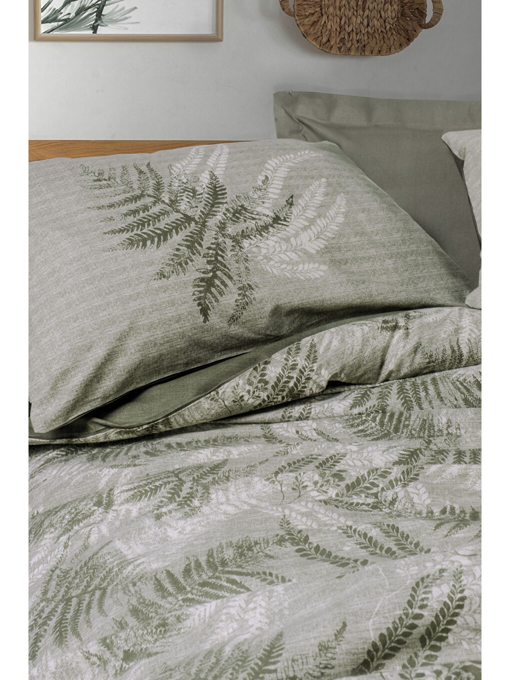 Karışık Pamuk Box Dual Çift Kişilik Nevresim Takimi Frond Haki-1