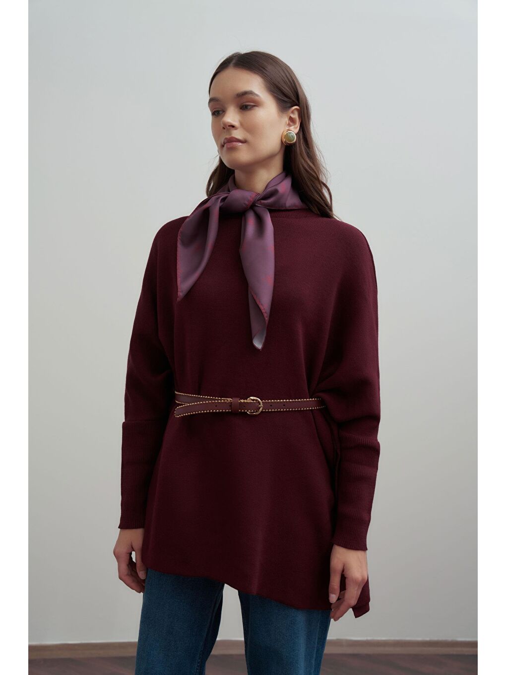 Bordo-Asimetrik Kesim Triko Kazak-4