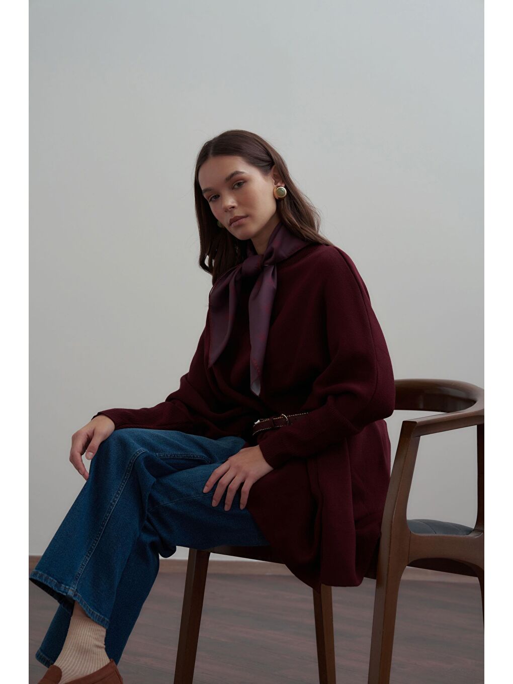 Bordo-Asimetrik Kesim Triko Kazak-5