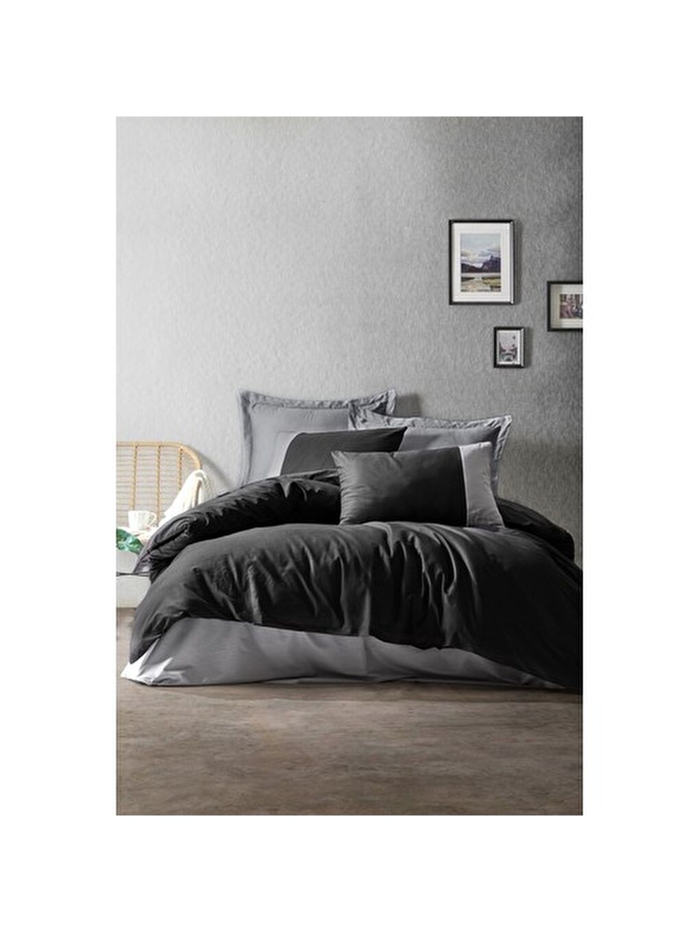 Karışık Pamuk Box Plain Çift Kişilik Nevresim Takimi Siyah-Gri