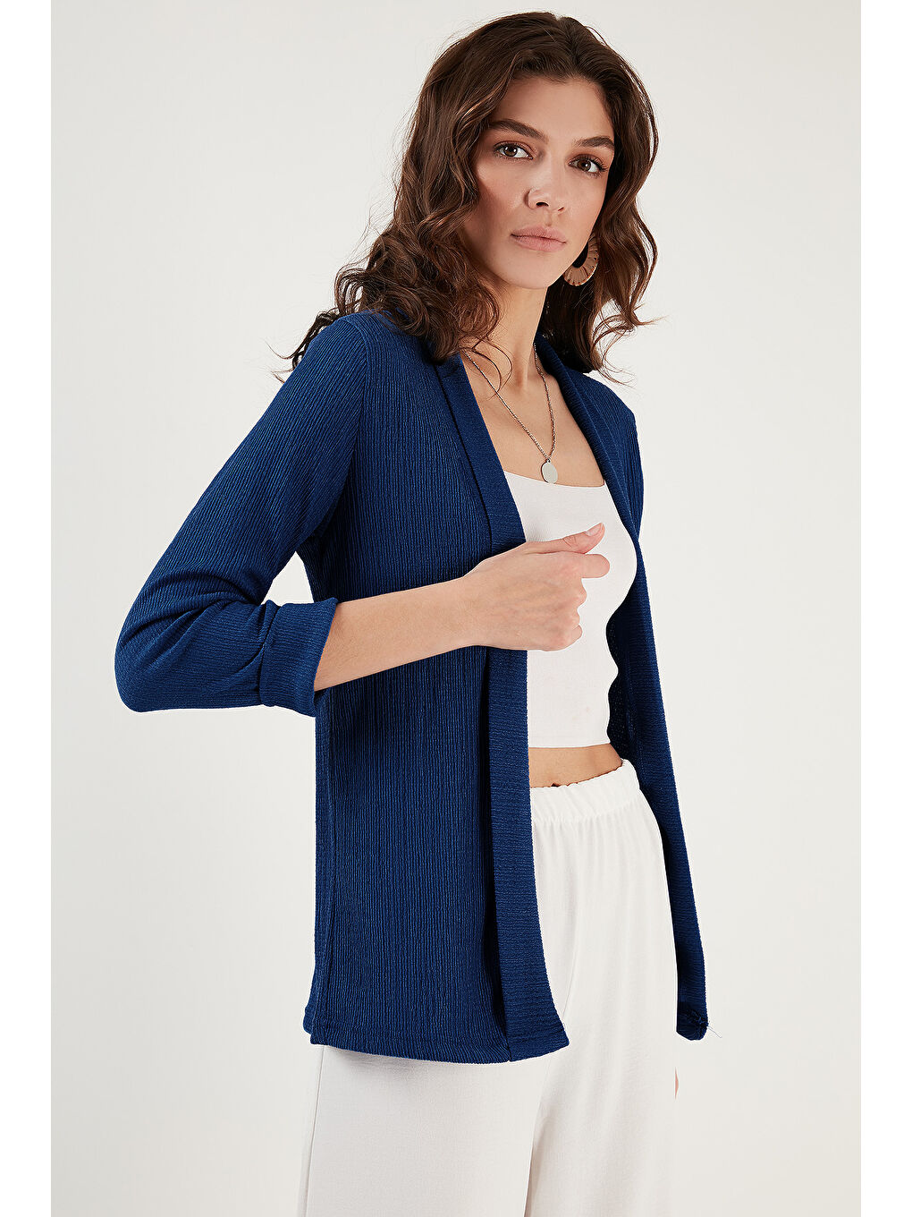 İndigo Yakası ve Kolu Katlı Gofre Kimono Kadın Hırka 5869014-2