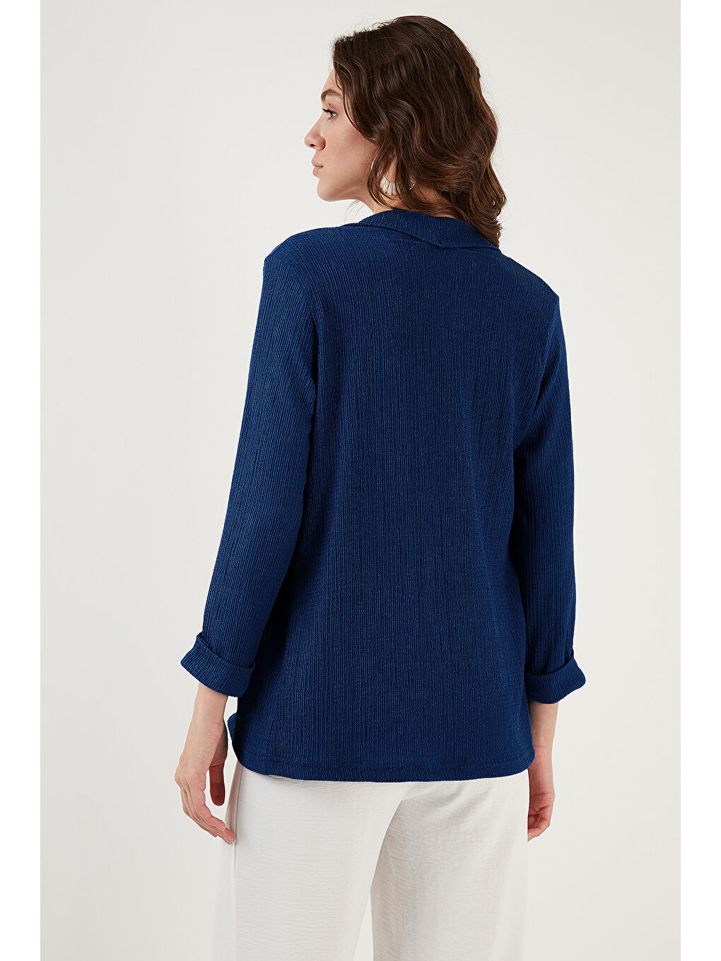 İndigo Yakası ve Kolu Katlı Gofre Kimono Kadın Hırka 5869014-3