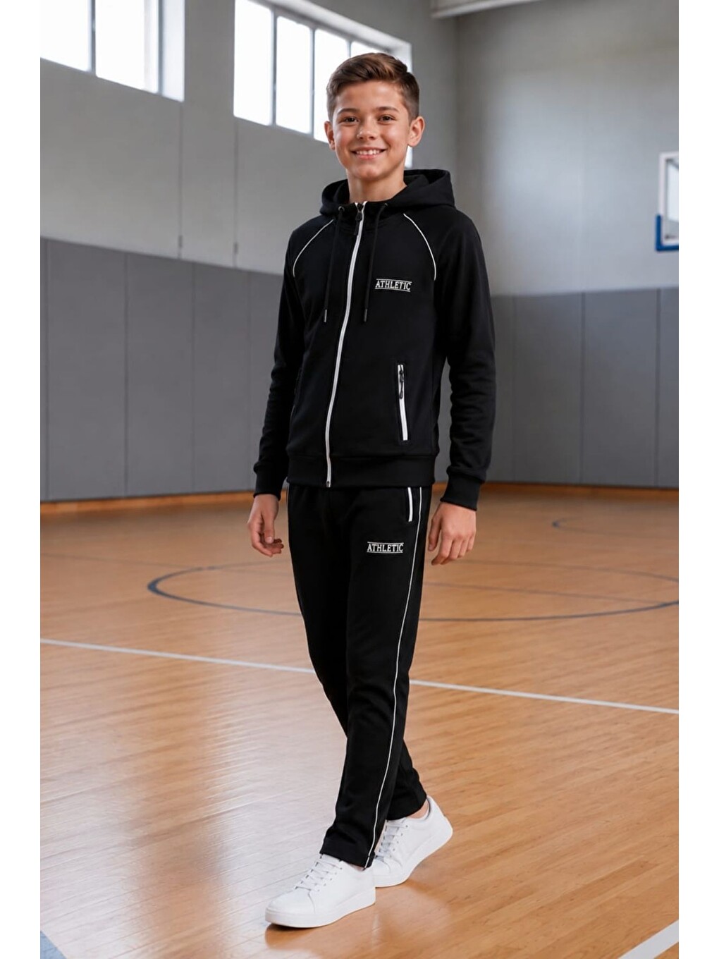 Siyah Erkek Çocuk Atheletic Reglan Kol Kapüşonlu Düz Paça Dalgıç Kumaş Eşofman Takımı Esf7019-1