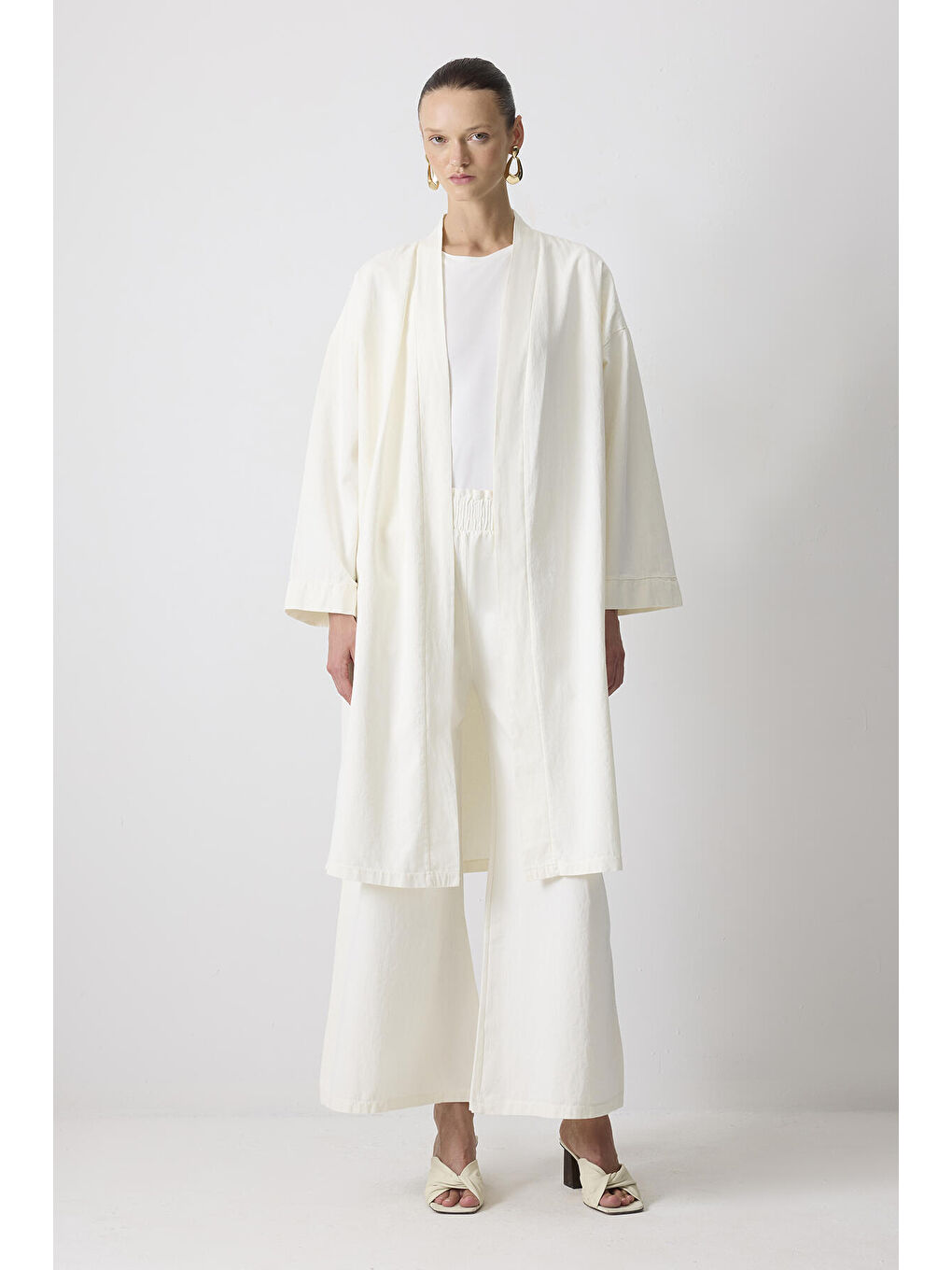 Ekru %100 Pamuklu Kimono Pantolon Takım