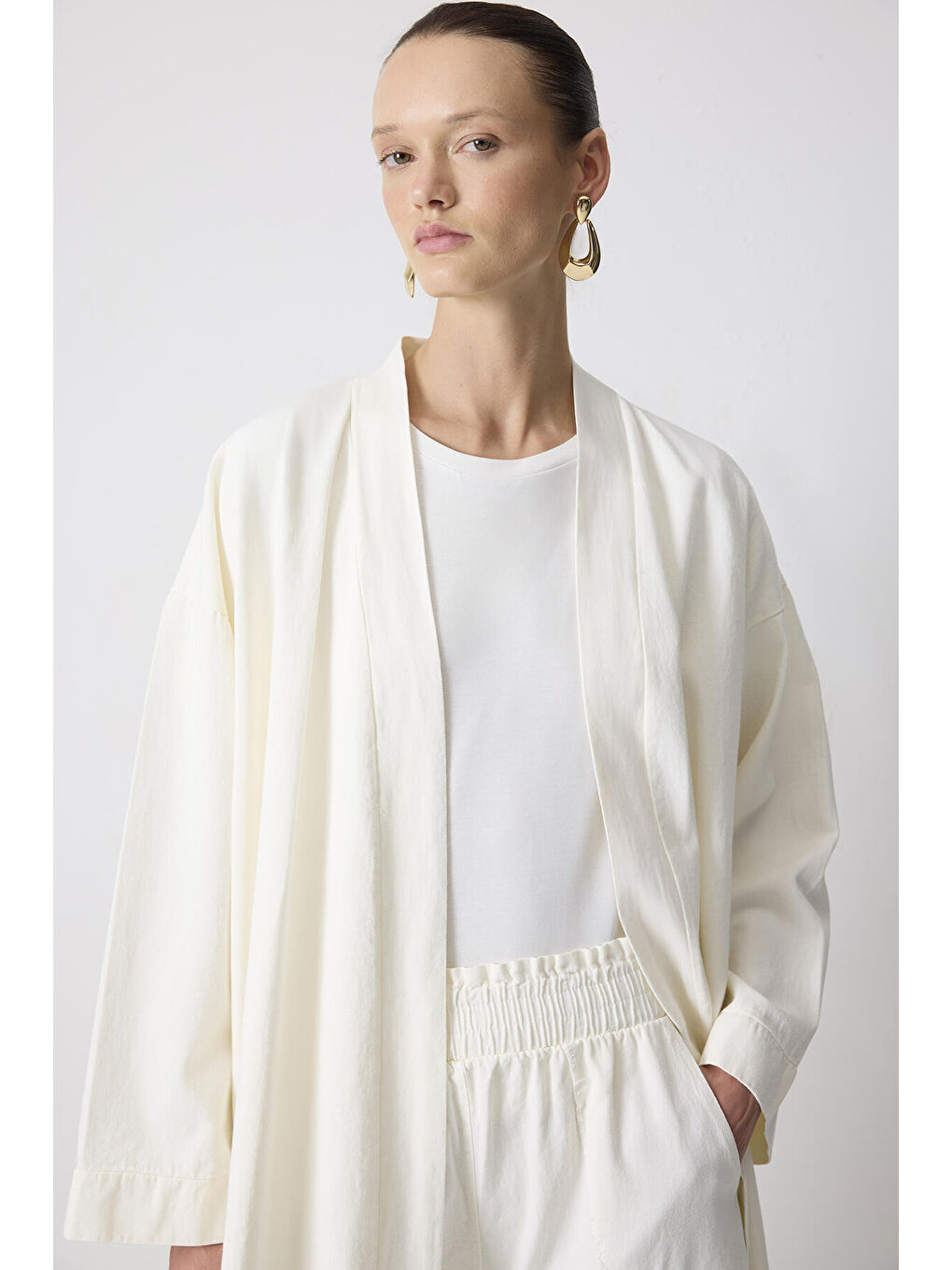 Ekru %100 Pamuklu Kimono Pantolon Takım-1