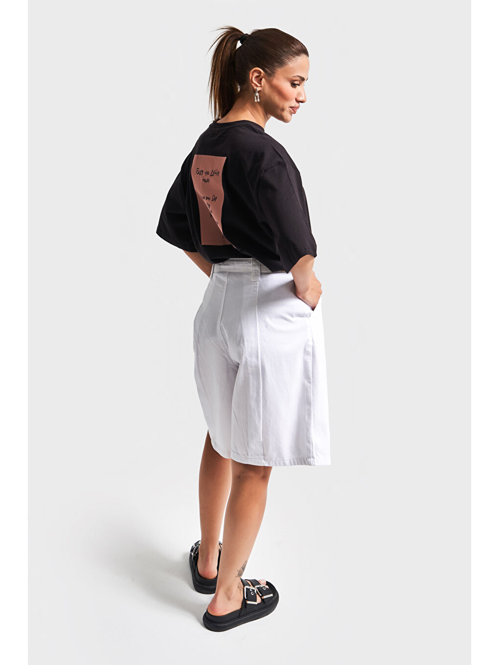 Kadın Beyaz Renk 5s5 2 Skater Fit Maxi Boy  100 Pamuk Bol Kesim Denim Bermuda Şort-4