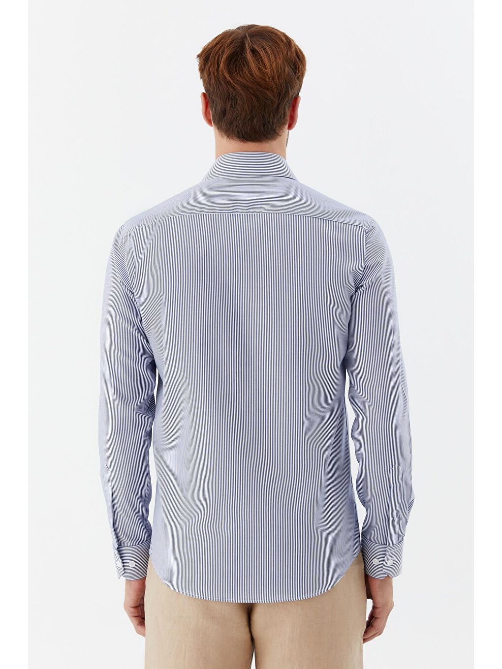 Erkek Koyu Mavi Çizgili Sivri Yaka Regular Fit Gömlek-5