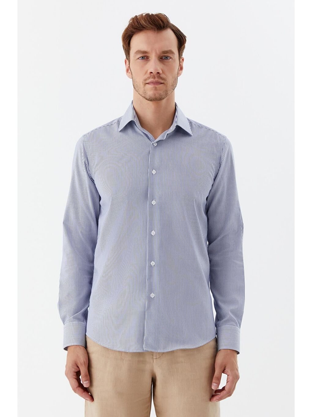 Erkek Koyu Mavi Çizgili Sivri Yaka Regular Fit Gömlek