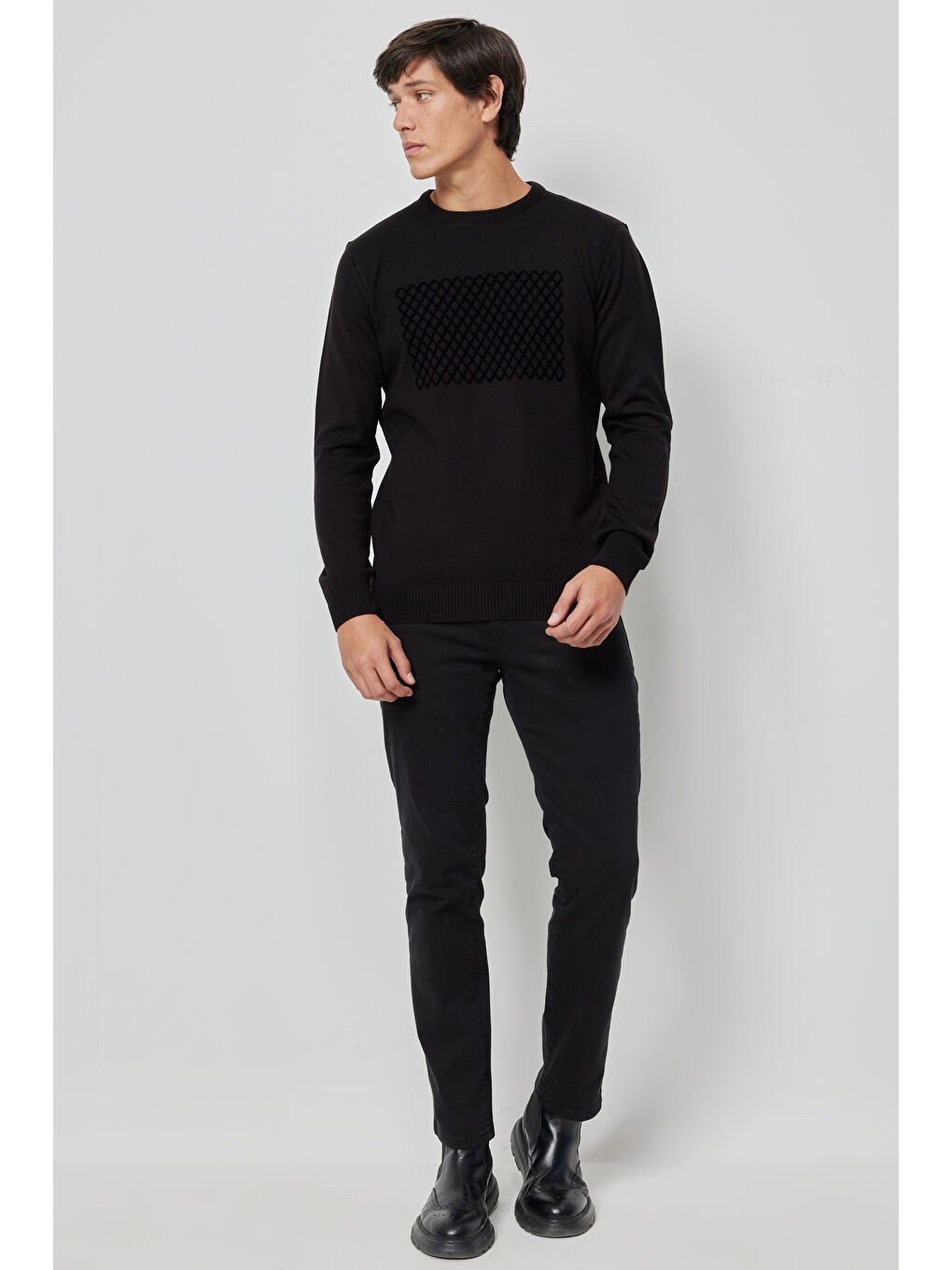 Erkek Siyah Tüylenmeyen Anti-Pilling Özellikli Standart Fit Bisiklet Yaka Önü Baskılı Triko-1