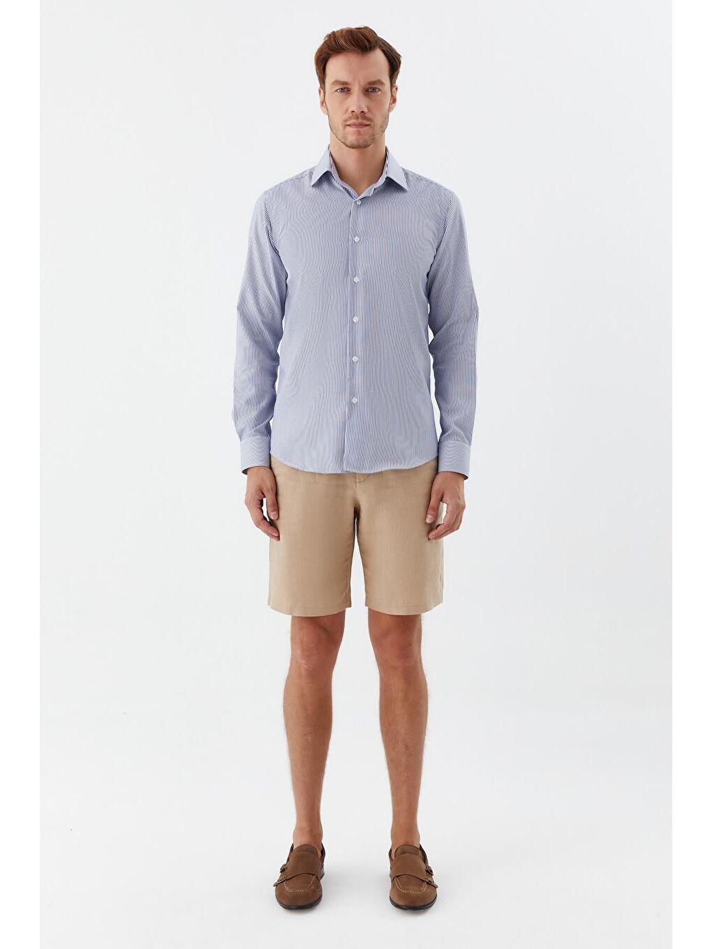 Erkek Koyu Mavi Çizgili Sivri Yaka Regular Fit Gömlek-1