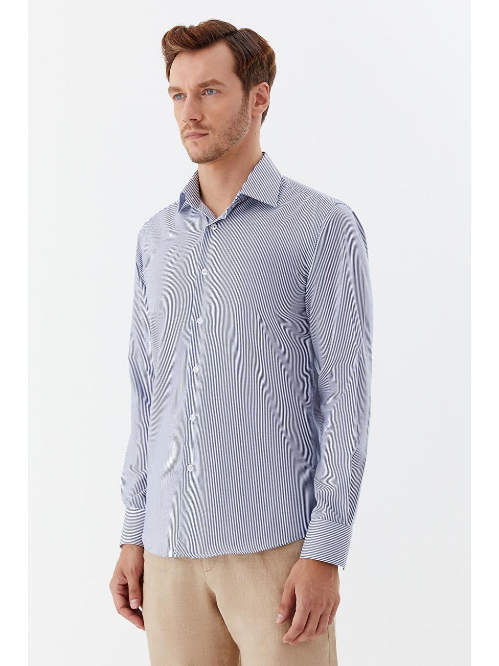 Erkek Koyu Mavi Çizgili Sivri Yaka Regular Fit Gömlek-2
