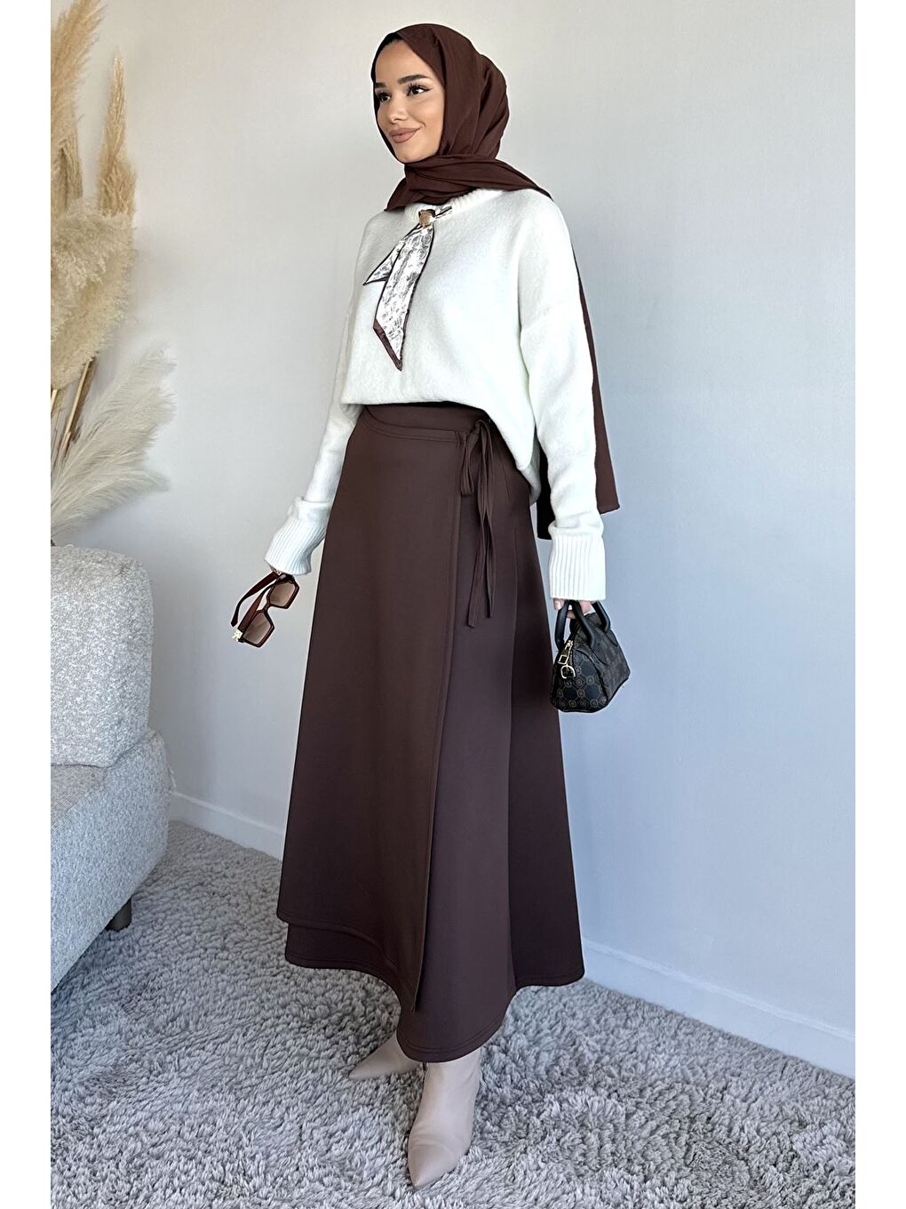 Kahverengi Bel Bağlama Detaylı Kiloş Scuba Tesettür Etek-3