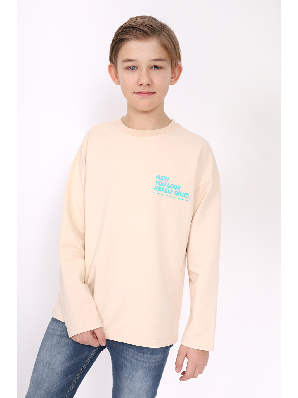 Bej Erkek Çocuk Baskılı Sweatshirt
