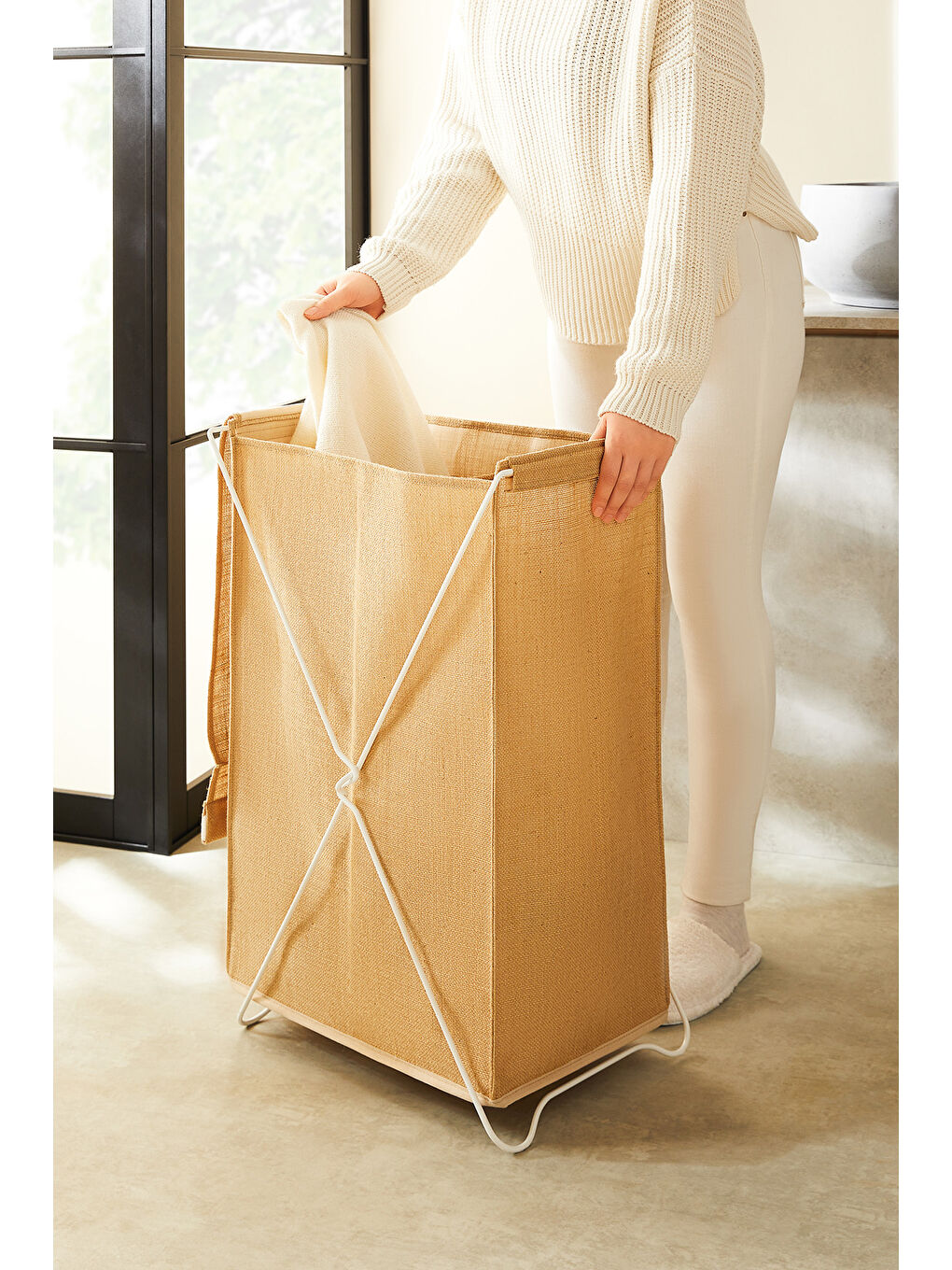 Bej Katlanabilir Bölmeli Beyaz Metal Destekli Naturel Jüt Çamaşır Sepeti 44 x 29.5 x 63 cm-3