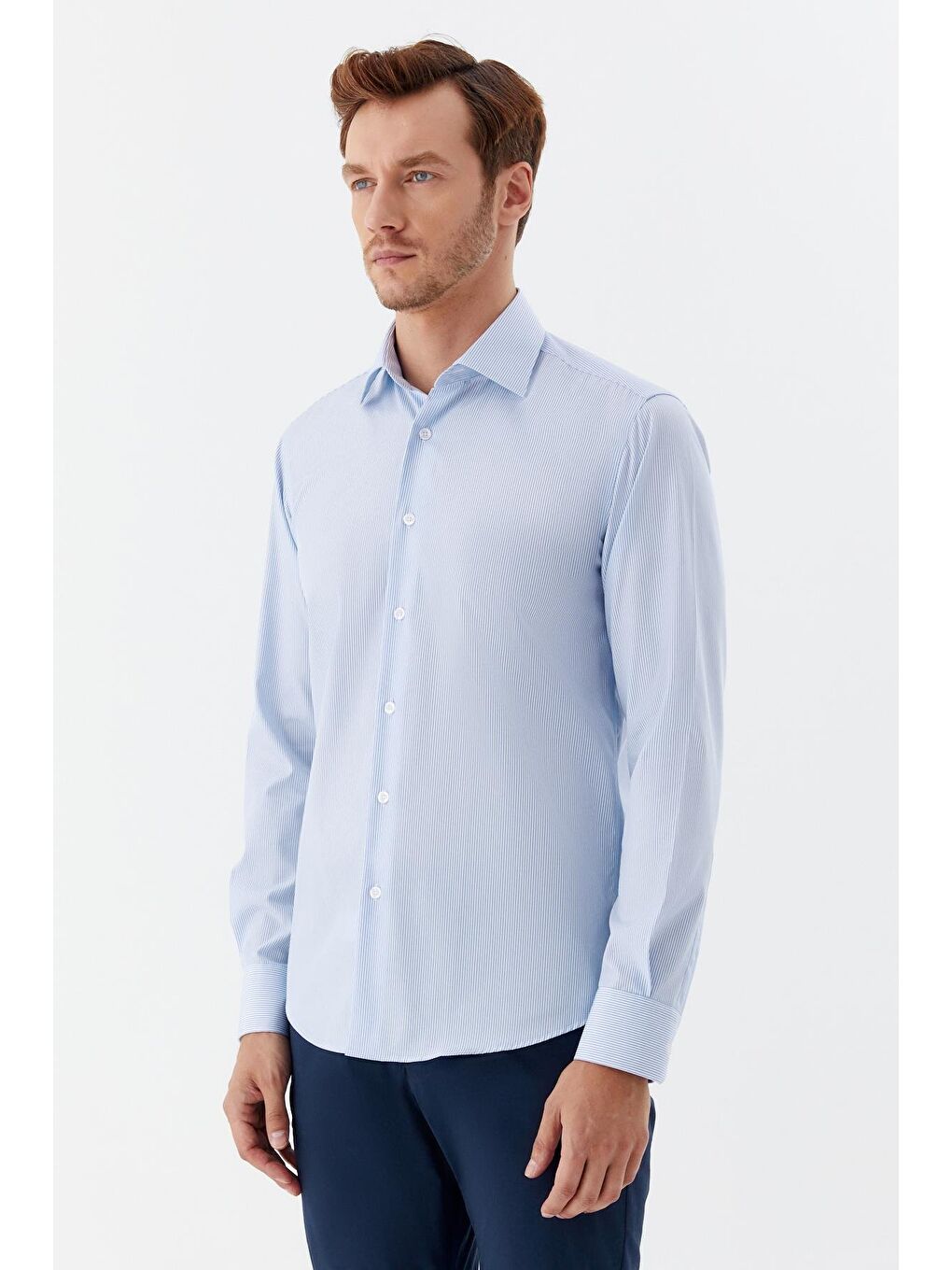 Erkek Mavi Çizgili Klasik Yaka Regular Fit Gömlek-2