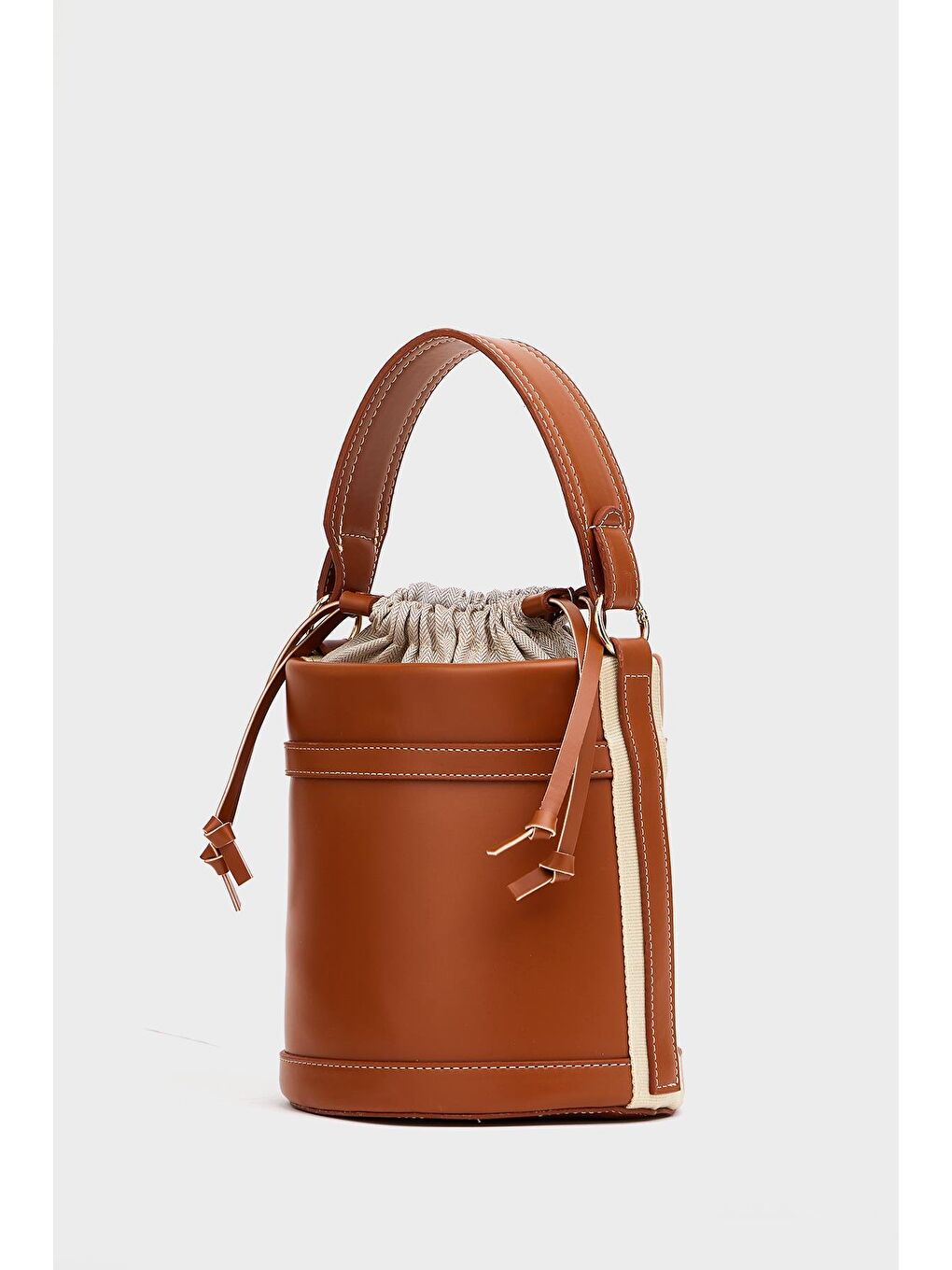 Kahverengi Kontrast Dikişli Kova El Ve Omuz  Çanta Taba