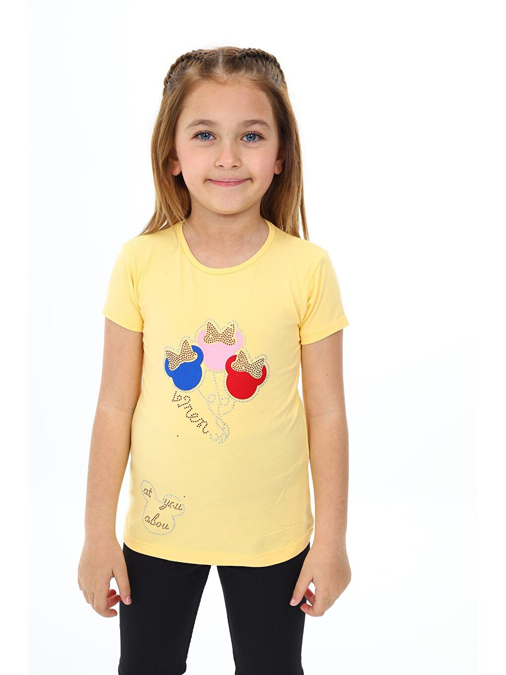 Sarı Kız Çocuk Taş Süsleme ve Fiyonk Baskılı T-Shirt 3-13 Yaş Zu112-1