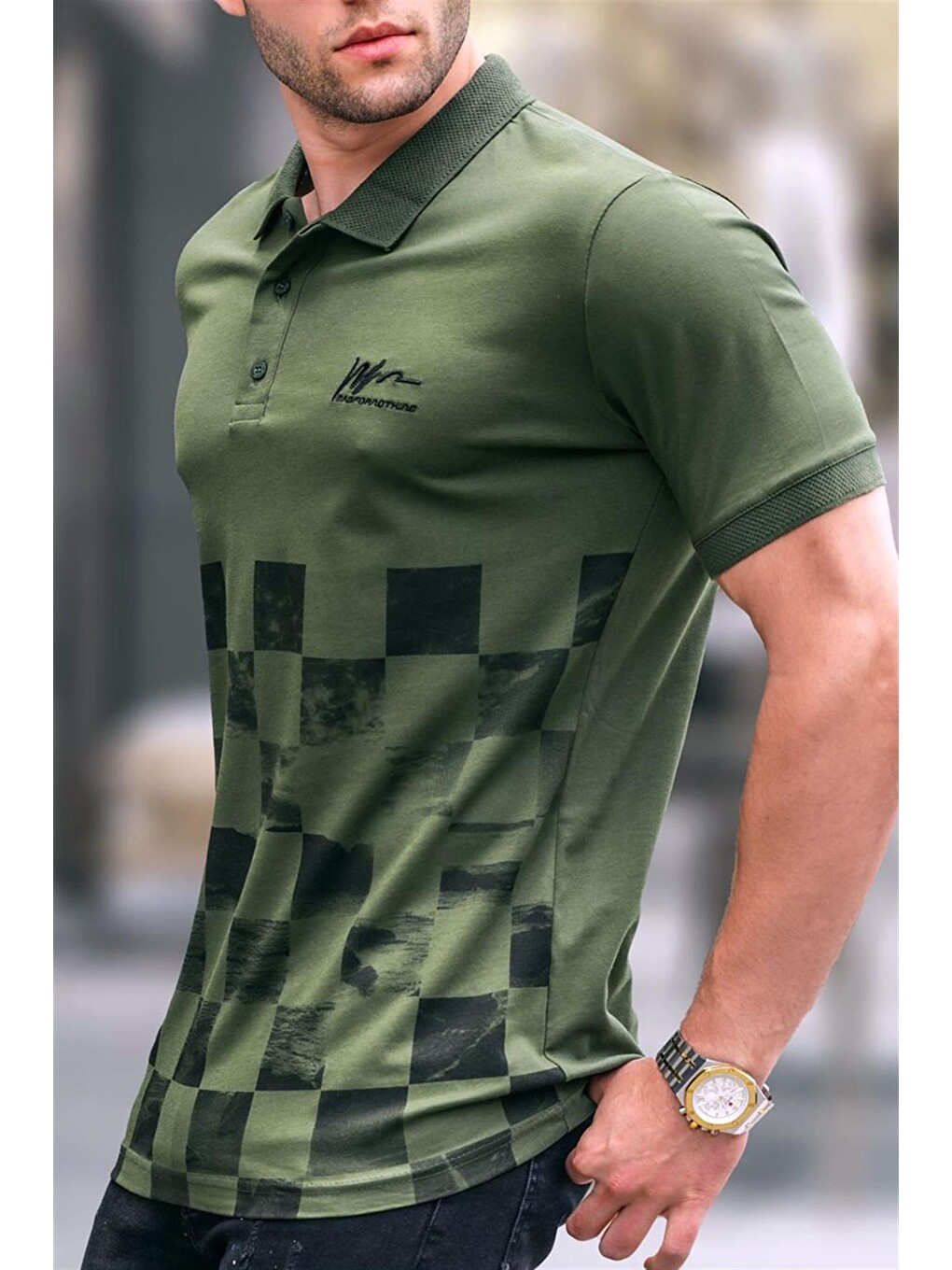 Haki Yeşili Desenli Erkek Polo Yaka Tişört 5871-2