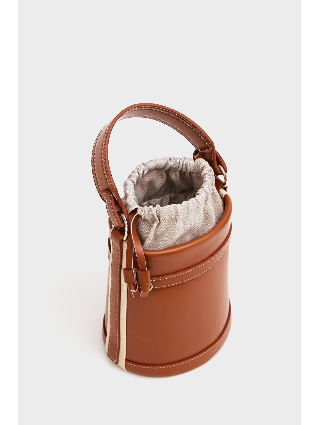 Kahverengi Kontrast Dikişli Kova El Ve Omuz  Çanta Taba-3