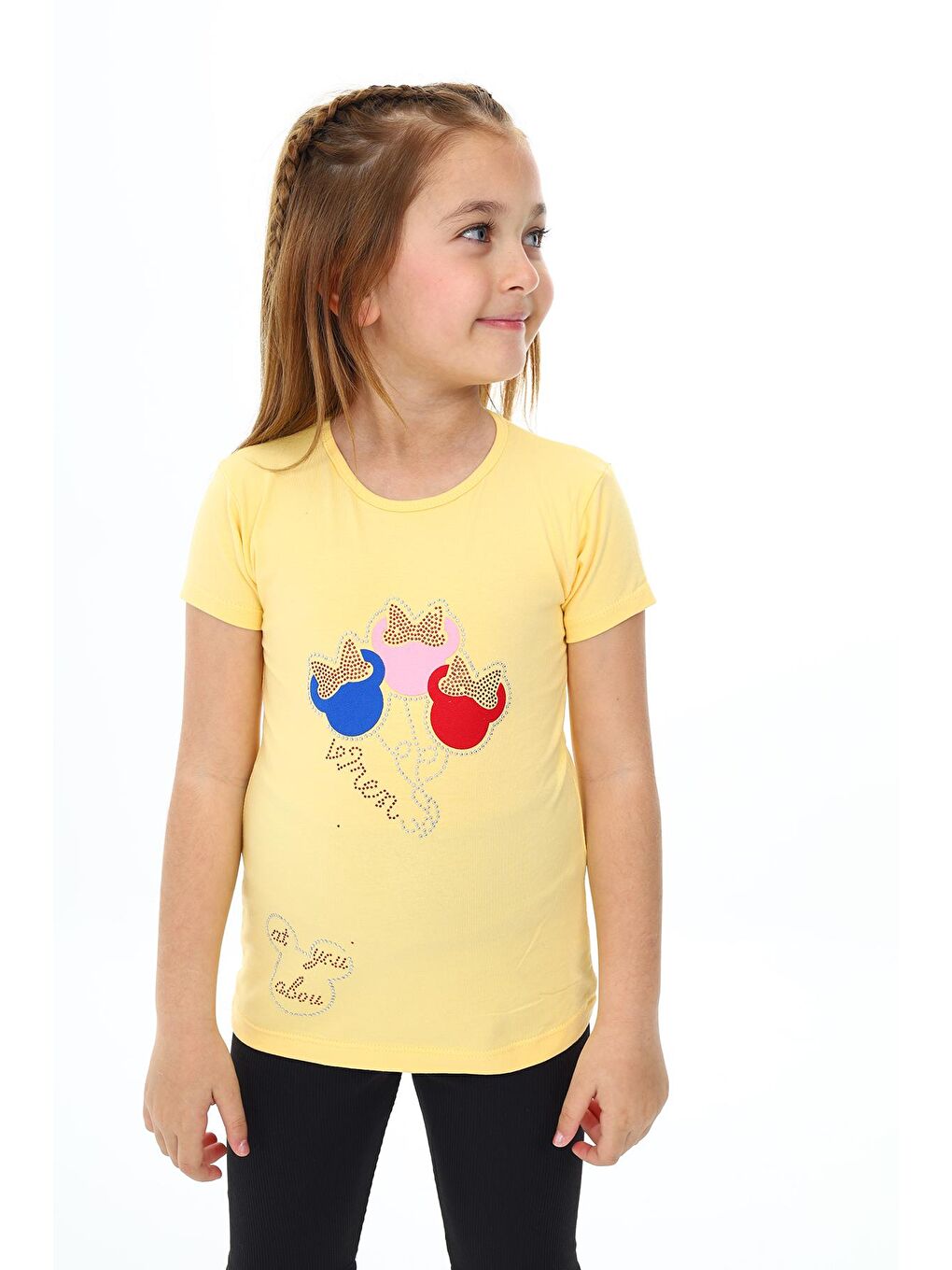 Sarı Kız Çocuk Taş Süsleme ve Fiyonk Baskılı T-Shirt 3-13 Yaş Zu112-1-1