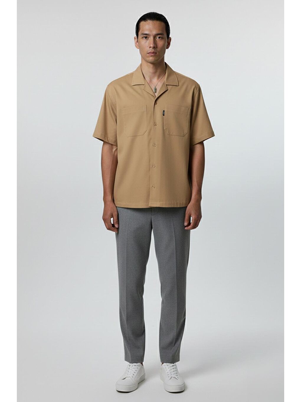 Kahverengi Giotelli Camel Standart Fit %100 Keten Apaş Yaka Erkek Gömlek-1