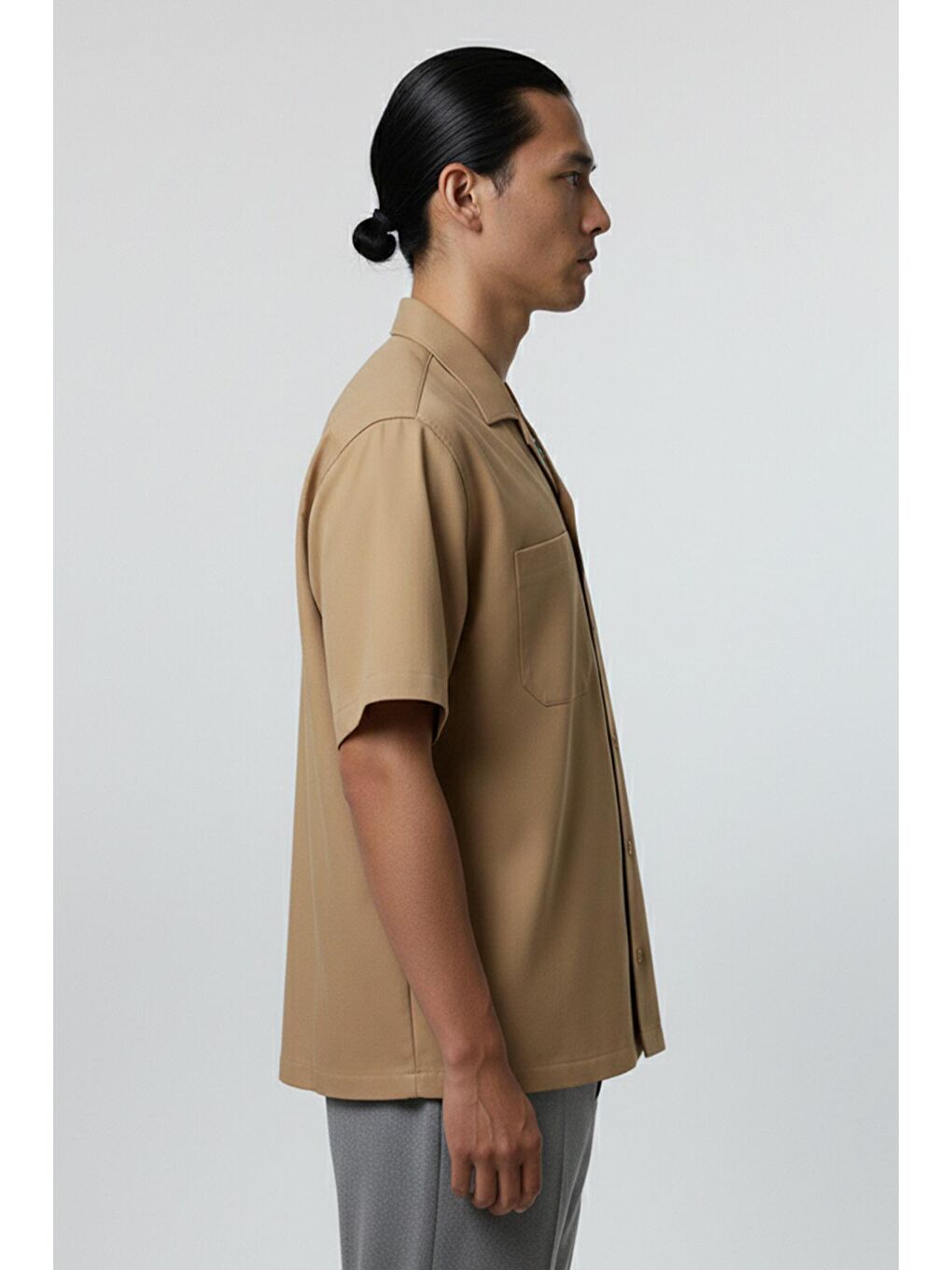 Kahverengi Giotelli Camel Standart Fit %100 Keten Apaş Yaka Erkek Gömlek-2