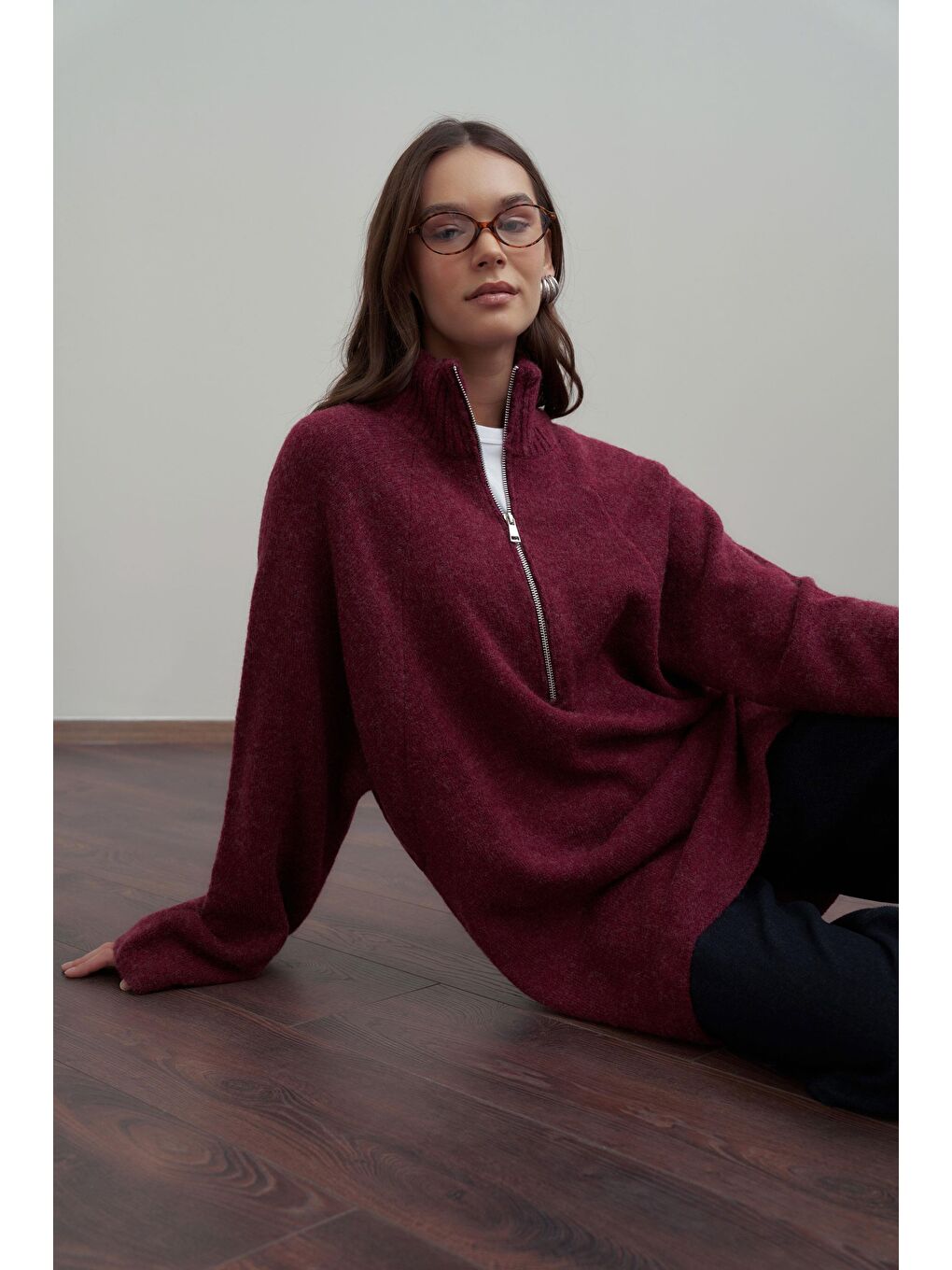 Bordo-Yarım Fermuarlı Kazak