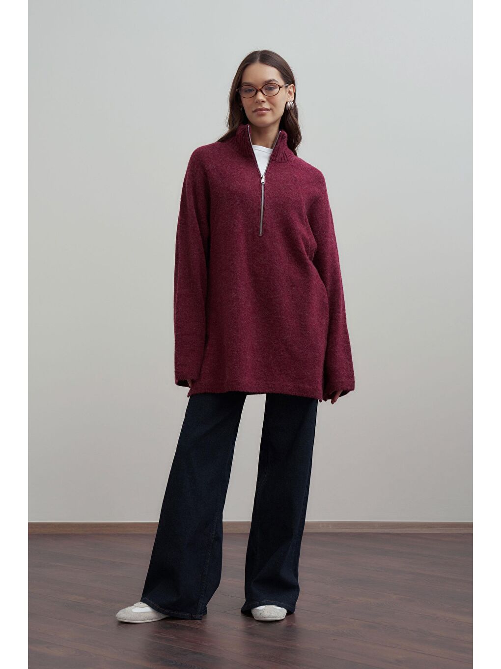 Bordo-Yarım Fermuarlı Kazak-1