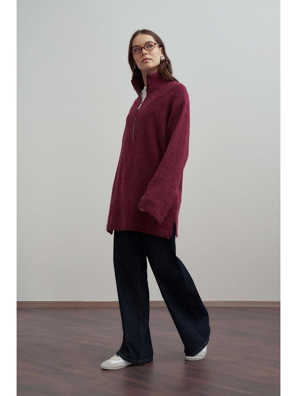 Bordo-Yarım Fermuarlı Kazak-2