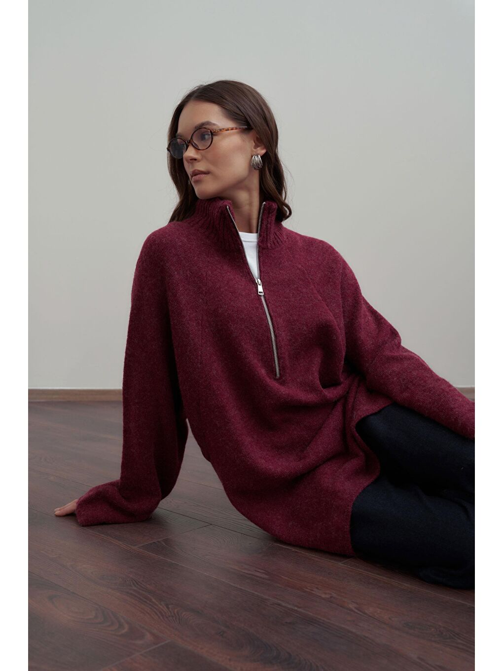 Bordo-Yarım Fermuarlı Kazak-5