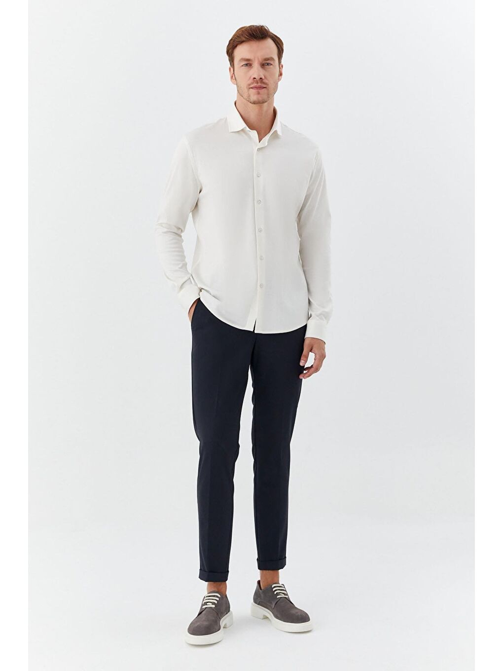 Kahverengi Erkek Latte Düz Klasik Yaka Slim Fit Gömlek-1