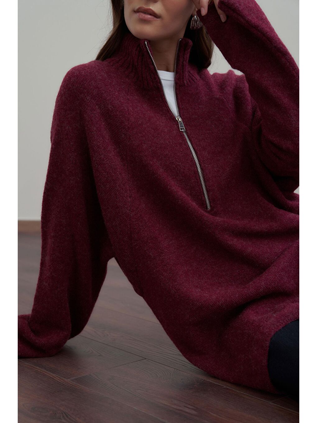 Bordo-Yarım Fermuarlı Kazak-6