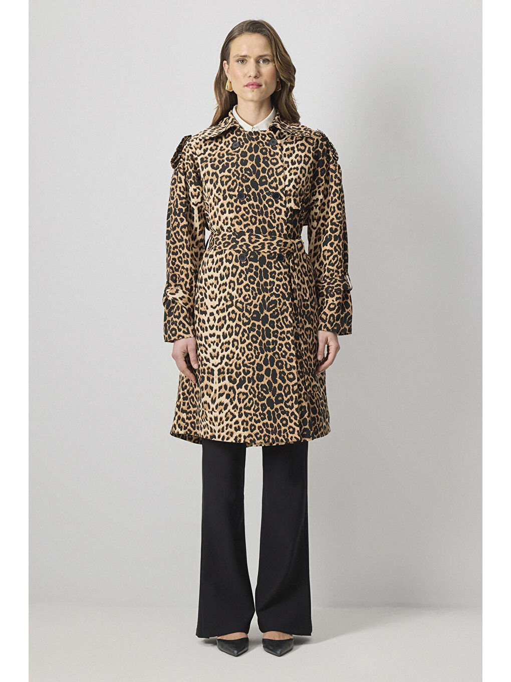 Siyah Lepoar Desenli Kruvaze Trençkot