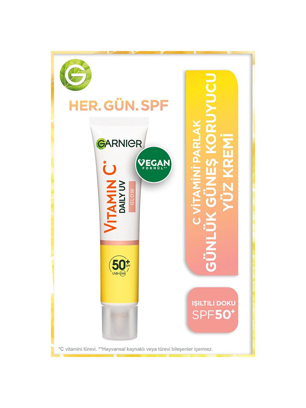 GARNIER Beyaz C Vitamini Parlak Günlük Güneş Koruyucu Fluid Yüz Kremi Işıltılı Doku SPF50+ 40 ml