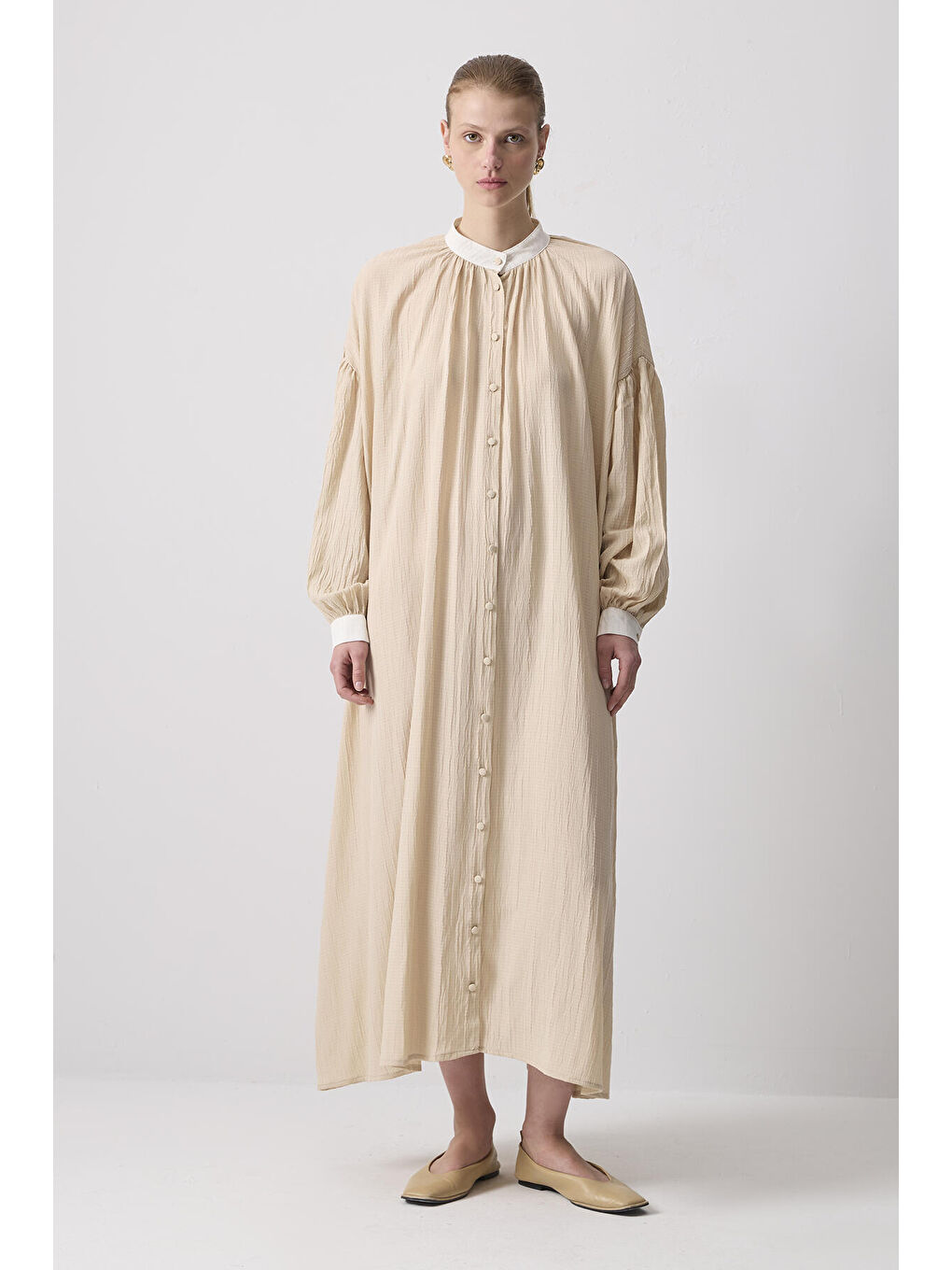 Bej Kontrast Yaka Gömlek Elbise