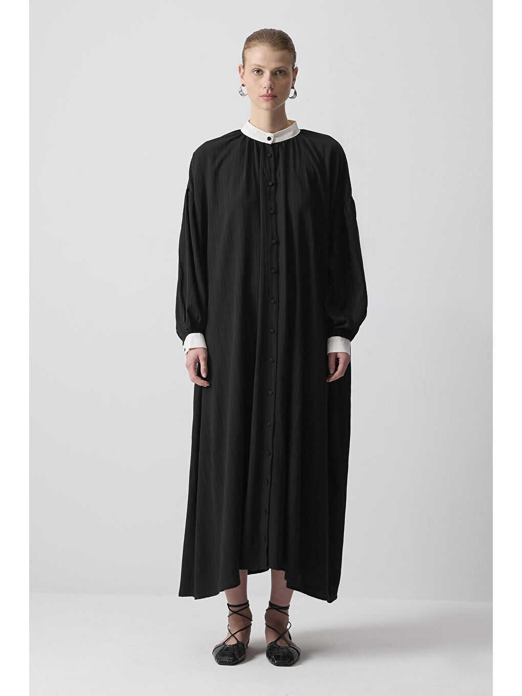 Siyah Kontrast Yaka Gömlek Elbise