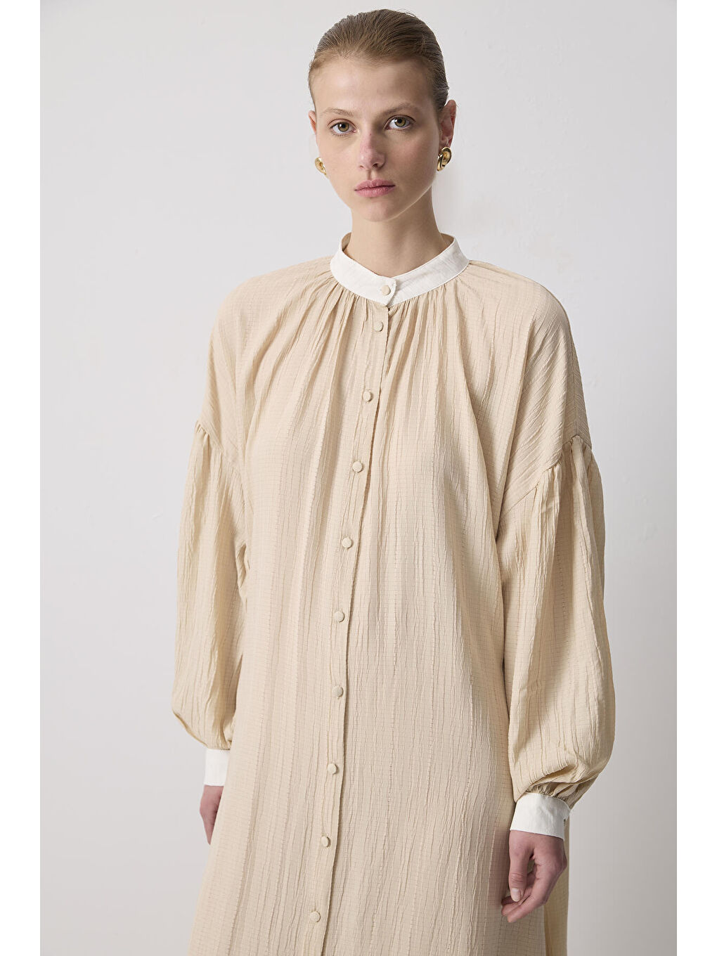 Bej Kontrast Yaka Gömlek Elbise-1