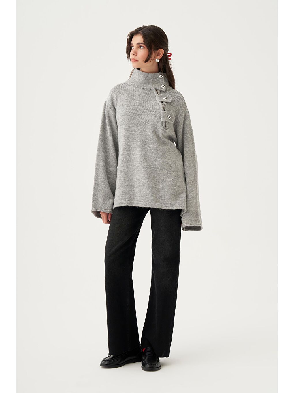 Gri-Yakası Apoletli Triko Kazak-1