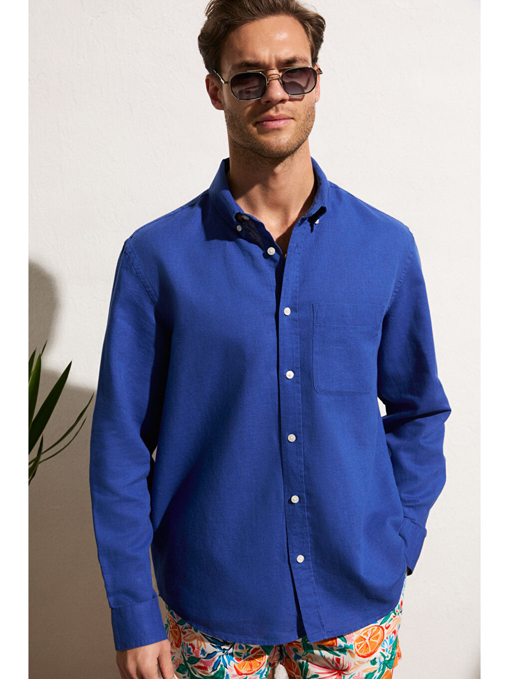 Mavi Arles Erkek Keten Karışımlı Uzun Kollu Tek Cepli Regular Fit Saks Gömlek-1