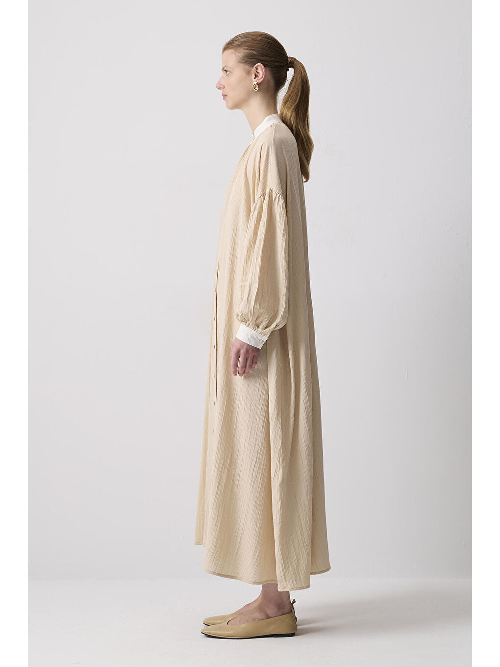 Bej Kontrast Yaka Gömlek Elbise-2