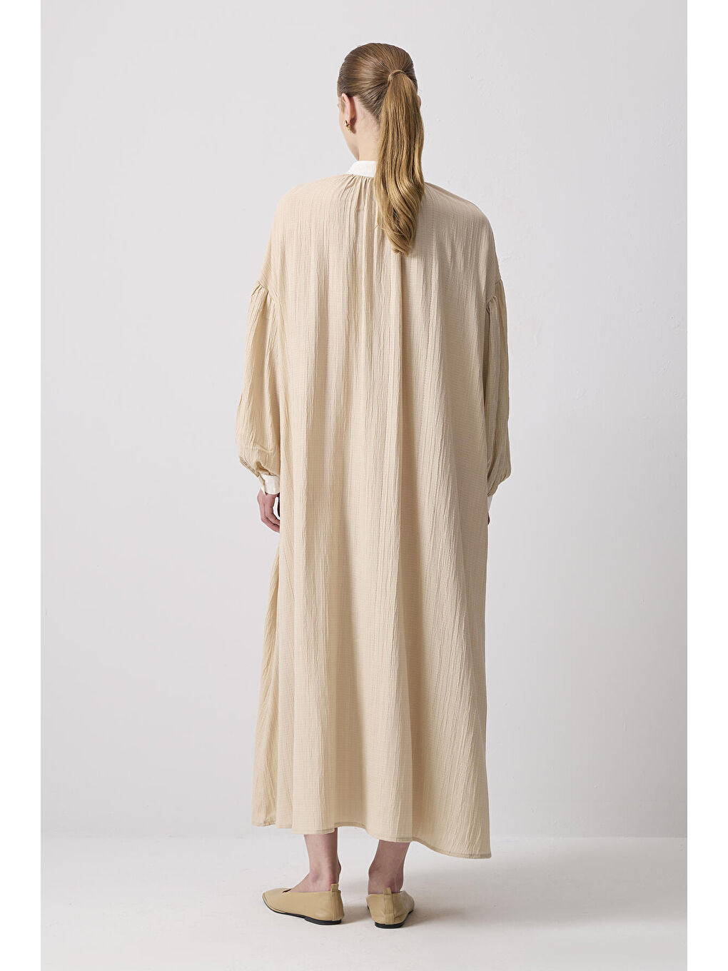 Bej Kontrast Yaka Gömlek Elbise-3