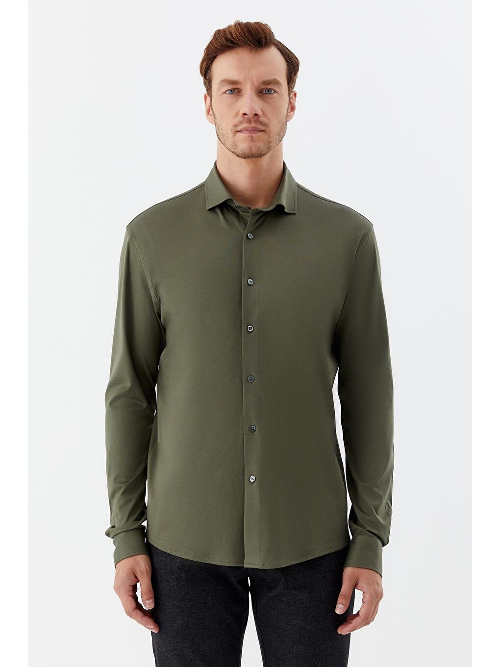 Erkek Haki Düz Klasik Yaka Slim Fit Gömlek