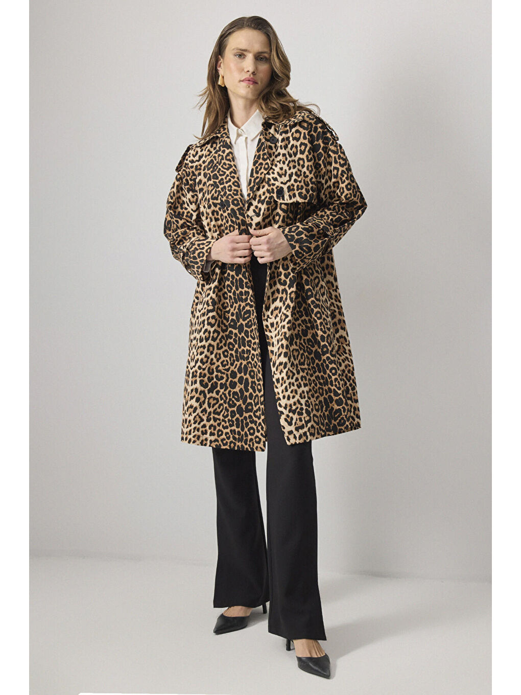 Siyah Lepoar Desenli Kruvaze Trençkot-1